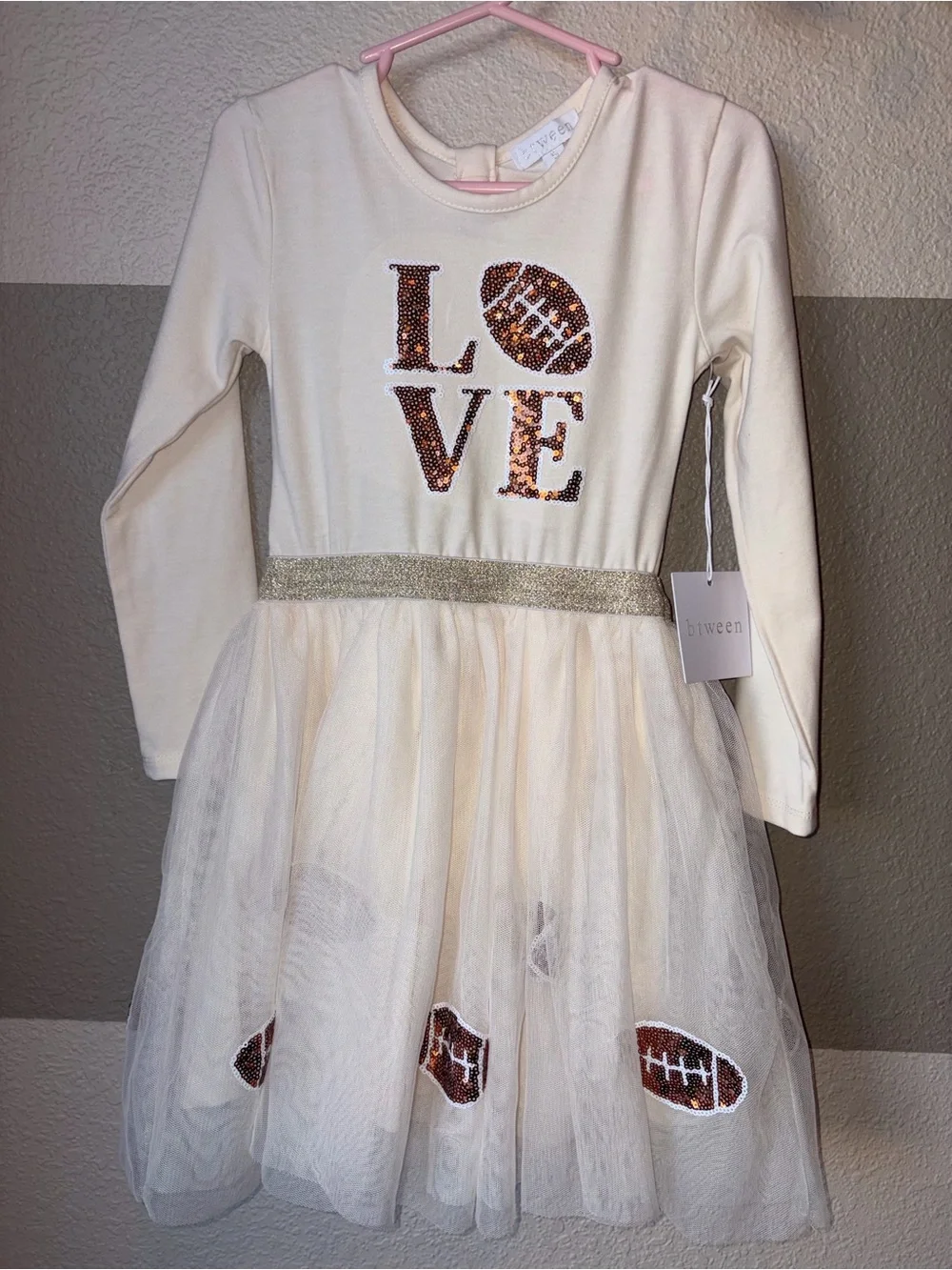 NWT Btween Girls 5 Cream Long Sleeve Sequin Football Dress Tutu Skirt Gold